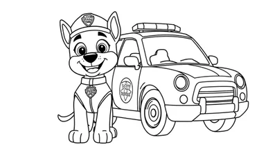 Chase de la Patrulla Canina y su coche patrulla listos para colorear con una placa de color