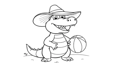 Un cocodrilo amigable con sombrero de sol sosteniendo una pelota de playa en una playa, listo para colorear en su placa.
