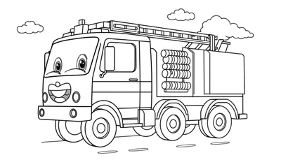 Camión de bomberos de caricatura sonriente listo para colorear con la placa de color.