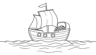 Barco pirata amigable listo para colorear, con olas y tesoro.