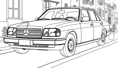 Un coche Mercedes-Benz clásico en blanco y negro para colorear, con la placa de color esperando ser pintada.