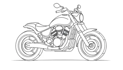 Placa de color: Dibujo lineal de una motocicleta con ruedas grandes y manillar brillante.