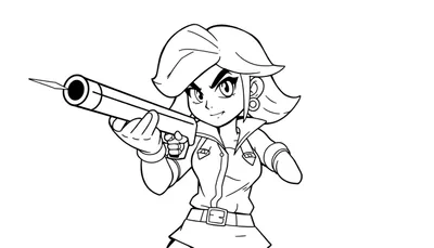 Una página para colorear de Shelly de Brawl Stars con un arma, lista para la acción en una placa de color en blanco y negro.