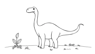 Un dibujo lineal de un Diplodocus amistoso, listo para colorear, con un fondo blanco y algunas plantas.