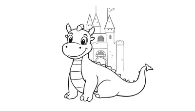 Placa de color de un dragón amigable sonriendo frente a un castillo de dibujos animados con una torre y un estandarte.