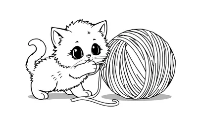 Gatito jugando con un ovillo de lana, página para colorear, placa de color
