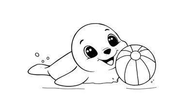 Una foca sonriente en blanco y negro jugando con una pelota de playa, lista para colorear. Placa de color.