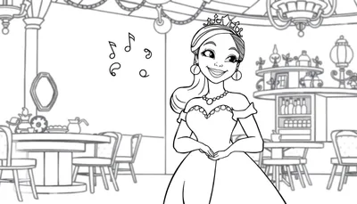 Placa de color de la Princesa Tiana en un elegante salón, lista para ser coloreada.