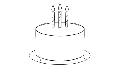 Una placa de color para colorear con una tarta de cumpleaños y tres velas.