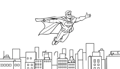Superman volando sobre la ciudad, con el símbolo 'S' en el pecho y capa ondeando, listo para la acción. Ideal para colorear en esta placa.