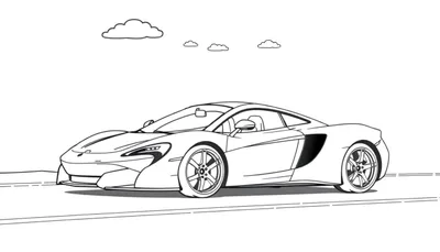 Un coche deportivo McLaren listo para colorear, con líneas negras y blancas y la palabra 'placa de color' visible.