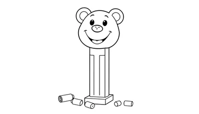 Página para colorear de un dispensador de caramelos PEZ con cabeza de oso, lista para añadir color.