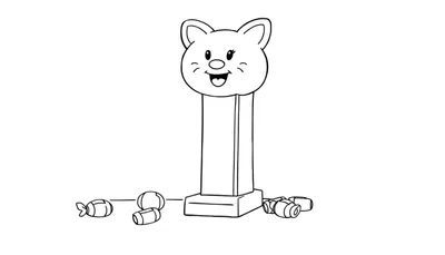 Página para colorear de un dispensador de caramelos Pez con forma de cabeza de gato sonriente, listo para la placa de color.