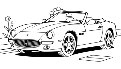Un coche Maserati descapotable para colorear con líneas gruesas y flores de caricatura. Un dibujo en blanco y negro de un coche de estilo infantil.
