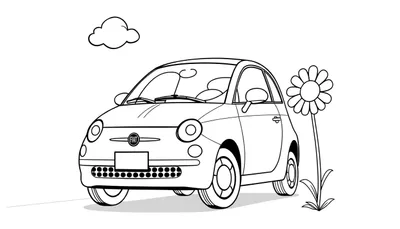 Un dibujo de un Fiat 500 y una flor con la posibilidad de añadirles su placa de color.