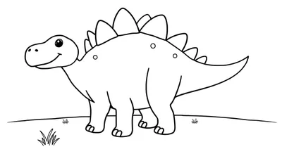 Un estegosaurio sonriente y amigable en blanco y negro, listo para ser coloreado, con grandes placas en su espalda y púas en su cola.
