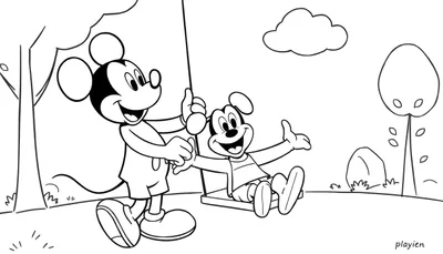 Placa de color de Mickey Mouse empujando a Pluto en un columpio.