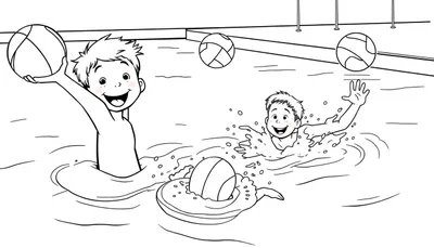Dos niños jugando al waterpolo en una piscina, uno con un balón y otro nadando, listo para colorear en la placa de color.