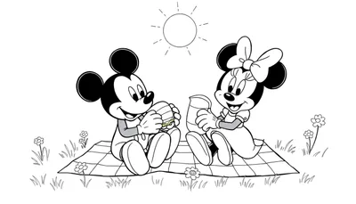 Placa de color de Mickey y Minnie Mouse en un picnic.