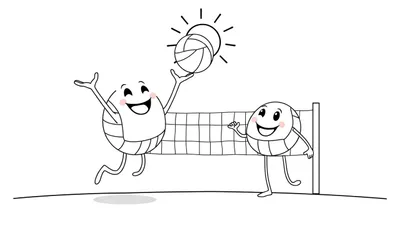 Placa de color de dos balones de voleibol sonrientes jugando al voleibol bajo el sol.