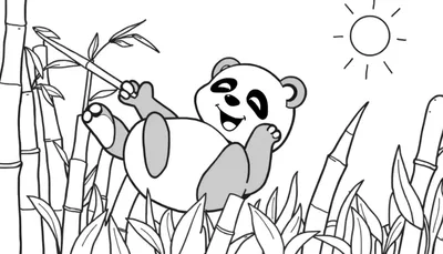 Placa de color de un panda feliz jugando con bambú bajo el sol.