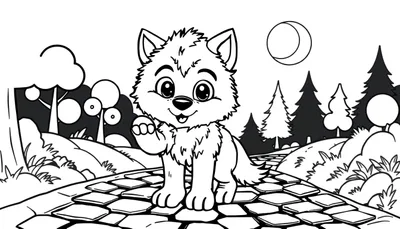 Un cachorro de lobo amigable en blanco y negro, listo para ser coloreado, levantando una pata como saludo, con un camino de piedra y árboles de cuento de hadas detrás. Una placa de color para la diversión.