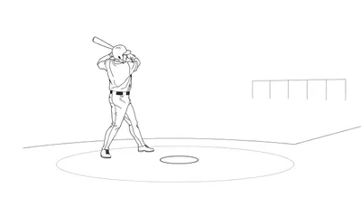Un bateador de béisbol en la placa de bateo, listo para golpear una pelota. Dibujo lineal en blanco y negro visto desde atrás, con una valla de campo al fondo.