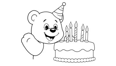 Un oso de dibujos animados con un gorro de fiesta soplando las velas de una placa de color de pastel de cumpleaños.