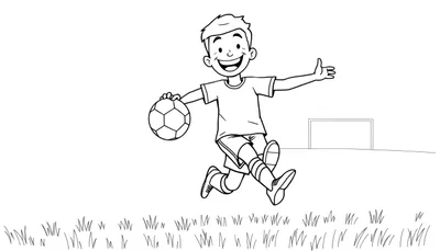 Niño alegre jugando al fútbol, listo para marcar gol, dibujo en blanco y negro para colorear, placa de color.