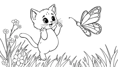 Placa de color de un gatito juguetón persiguiendo una mariposa en un jardín.