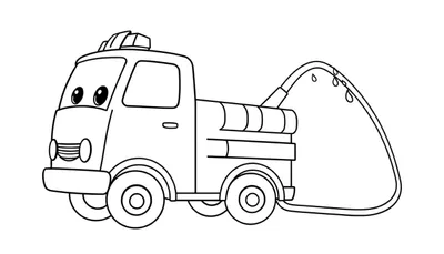 Un camión de bomberos de dibujos animados amigable para colorear, con una manguera rociando agua, listo para una placa de color.