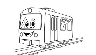 Un tren amigable en una página para colorear, con espacio para la placa de color.