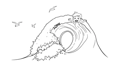 Un niño feliz llamado Joppie surfeando una gran ola con las gaviotas volando en el cielo.