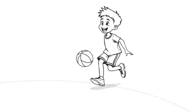 Un niño animado jugando al baloncesto en una placa de color.