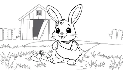 Página para colorear de un conejo de dibujos animados con zanahorias, listo para una aventura en la granja.