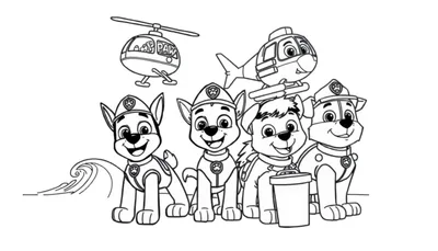 Cuatro cachorros de la Patrulla Canina listos para la acción, con una ola y helicópteros en la imagen de una placa de color.