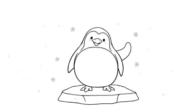 Placa de color de un pingüino amigable saludando desde un bloque de hielo.