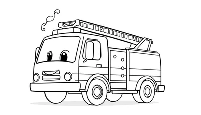 Un dibujo de un camión de bomberos sonriente listo para la acción, con líneas gruesas para colorear. Es un diseño en blanco y negro con humo saliendo de la parte superior y una escalera extensible. La placa de color está lista para ser completada.
