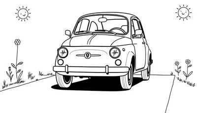 Dibujo de un coche pequeño listo para colorear, con sol y flores, esperando su placa de color.