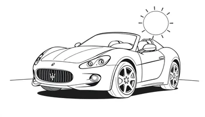 Un coche deportivo descapotable blanco y negro listo para colorear, con líneas limpias y un sol dibujado en la esquina.