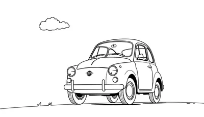 Un coche retro tipo Fiat 600 listo para colorear, con una nube divertida encima y hierba al frente.