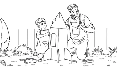 Papá y su hijo construyendo un cohete de cartón en un jardín, con herramientas en el suelo.