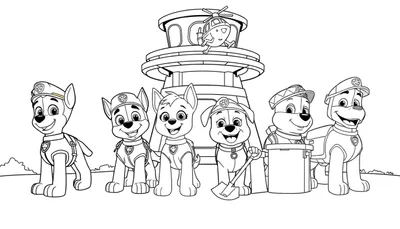 La Patrulla Canina, Chase, Marshall, Skye, Rubble, Zuma y Rocky, posan frente a la torre de control, listos para ser coloreados.