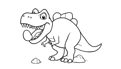 Un dibujo lineal de un Tiranosaurio Rex amigable con grandes dientes, una lengua saliendo y una hilera de tres placas en su espalda, sosteniendo una roca.