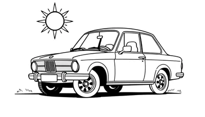 Un coche de dibujos animados clásico de dos puertas bajo un sol brillante, listo para colorear.