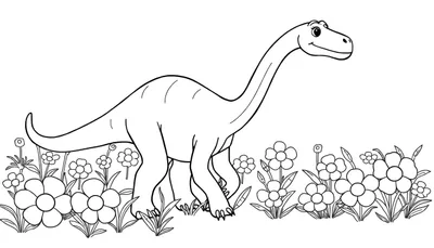 Una placa de color de un Diplodocus amigable con flores.