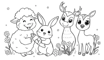 Placa de color con animales adorables para colorear: una oveja, un conejito y dos ciervos.