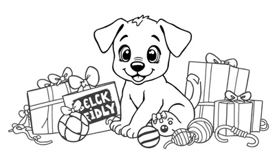 Un dibujo lineal en blanco y negro de un cachorro juguetón rodeado de regalos y juguetes para colorear, la placa de color que representa la alegría del Viernes Negro.