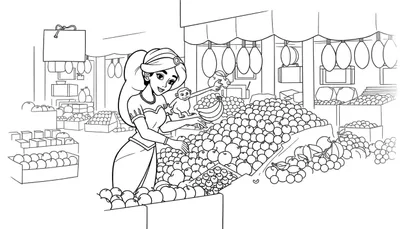 Placa de color para colorear de la Princesa Jasmín en un mercado de frutas con Abu.