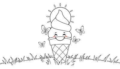 Placa de color de un helado feliz con mariposas y un sol.